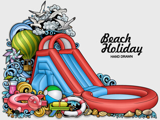 Bright summer beach scene with tents, inflatables, drinks, and accessories. Fun and detailed horizontal illustration ideal for banners, web headers, kids’ themes, and vacation promotions.