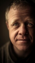 Soft-lit indoor photo of an older man with Down syndrome, close-up facial expression, neutral background