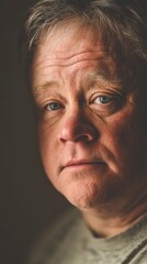 Soft-lit indoor photo of an older man with Down syndrome, close-up facial expression, neutral background