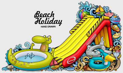 Bright summer beach scene with tents, inflatables, drinks, and accessories. Fun and detailed horizontal illustration ideal for banners, web headers, kids’ themes, and vacation promotions.