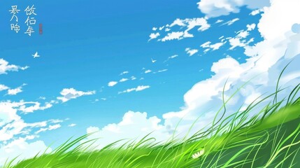 Obraz premium Enchanting Scenery of Lush Green Grassland under a Vast Blue Sky with Floating White Clouds: A Serene Natural Tapestry