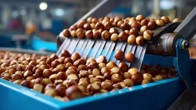 Automation Process of Macadamia Nuts: A high-angle shot reveals the intricate process of macadamia nut processing, showcasing the automated precision of machinery at work.