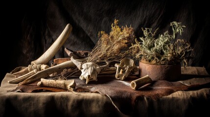 Still life of primitive tools, bones, and dried herbs on animal hide, earthy tones