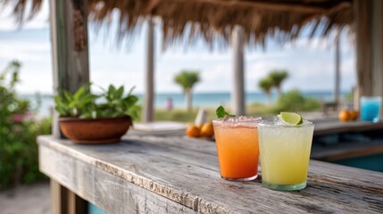 Fototapeta premium Breezy Beach Bar Overlooking Waves with Drinks