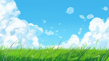 Obraz premium Enchanting Scenery of Lush Green Grassland under a Vast Blue Sky with Floating White Clouds: A Serene Natural Tapestry