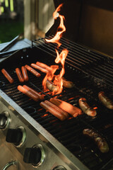 Hot Dogs and Sausages Flaming on a Backyard Barbecue Grill