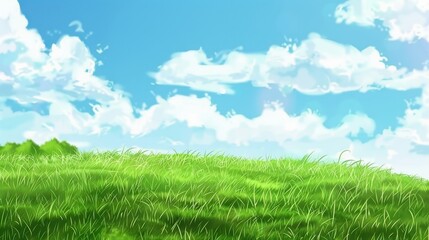 Obraz premium Enchanting Scenery of Lush Green Grassland under a Vast Blue Sky with Floating White Clouds: A Serene Natural Tapestry