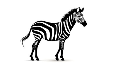 Painting of a black and white zebra standing looking at a white background.