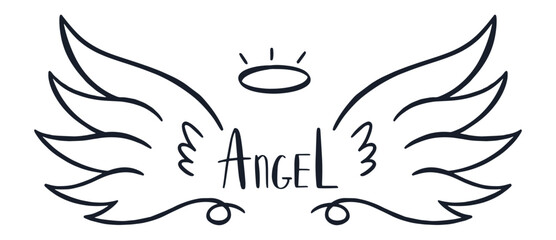 Hand drawn angel wings with halo symbolizing divine presence, spirituality, hope, and freedom, creating a celestial atmosphere suitable for various design projects