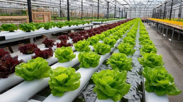 Hydroponic Lettuce Farm: Rows of vibrant green and red lettuce plants thrive in a modern hydroponic system within a spacious greenhouse. The image showcases sustainable agriculture techniques.