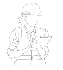Line Drawing of woman wearing helmet.