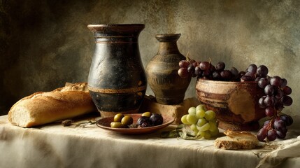 Still life with ancient Greek pottery, grapes, olives, and bread on a stone table, soft diffused light