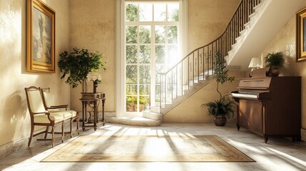 Sunlit foyer with grand staircase, antique piano, & seating