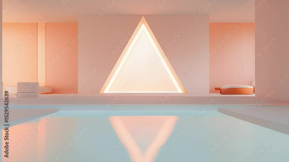 Poster minimalist architecture with triangular portal reflecting on water surface in a room with white wall