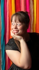 Studio portrait of a woman with Down syndrome, colorful backdrop, professional lighting