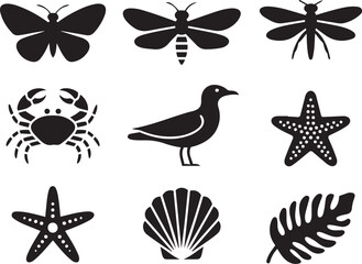 Naklejka premium Silhouette icon set of summer wildlife and nature elements including butterfly, bee, dragonfly, seagull, crab, starfish, seashell, and tropical leaf