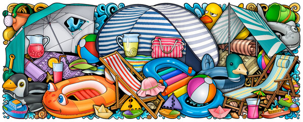Bright summer beach scene with tents, inflatables, drinks, and accessories. Fun and detailed horizontal illustration ideal for banners, web headers, kids’ themes, and vacation promotions.