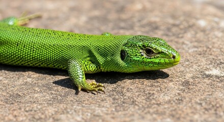 Naklejka premium Vibrant Green Lizard Basking on a Rock Close-up Photography