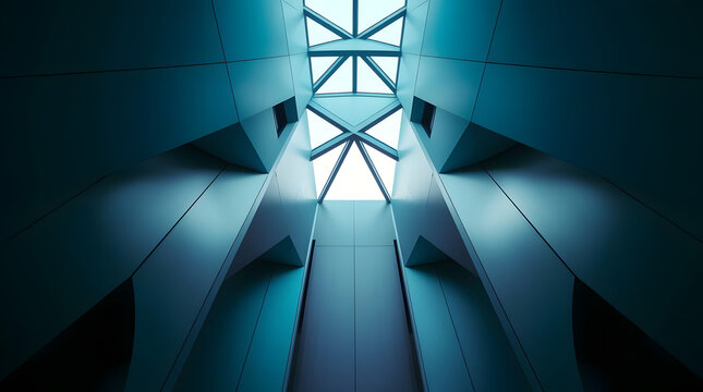 Modern building interior features geometric skylight design in blue tones