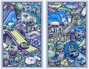 Set of two hand-drawn summer posters with beach scenes, inflatables, slides, and holiday items. Cool-toned, detailed illustrations perfect for web, print, kids’ themes, and vacation ads