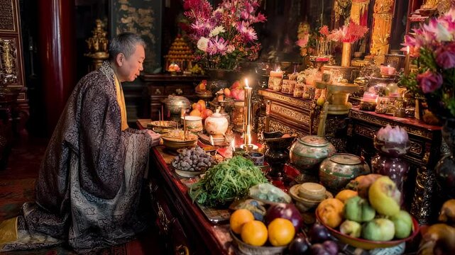 Concept photo of a spiritual leader kneeling before an altar, surrounded by offerings of fruits, flowers, and incense as they conduct a blessing ceremony in a Chinese temple.