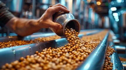 Obraz premium A close-up shot captures a hand pouring grains into a conveyor belt in a high-tech processing facility, showcasing industrial efficiency and food production.