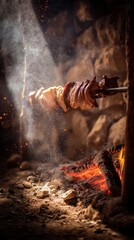 Tightly framed image of raw meat cooking over fire on wooden spit, smoke and ash particles visible