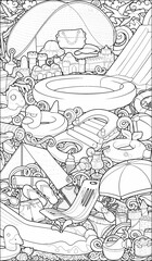 Line art beach and water park illustration full of inflatable toys, slides, tents, sandcastles, and summer accessories. Fun, detailed, and perfect for vacation or kids’ content.