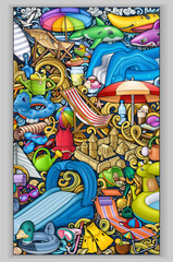 Colorful beach and water park illustration full of inflatable toys, slides, tents, sandcastles, and summer accessories. Fun, detailed, and perfect for vacation or kids’ content.