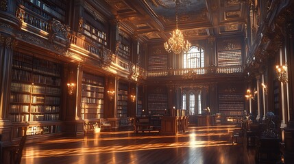Sunlit grand library with ornate details, bookshelves, and a chandelier