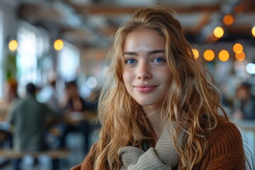 Obraz premium In this vibrant portrait, a young woman with freckles poses confidently in a bustling café, reflecting a serene moment of beauty amidst the lively atmosphere of daily life.