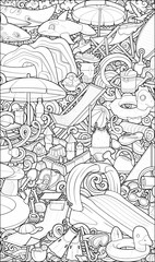 Line art beach and water park illustration full of inflatable toys, slides, tents, sandcastles, and summer accessories. Fun, detailed, and perfect for vacation or kids’ content.