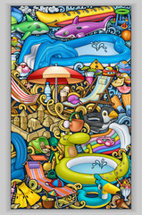 Colorful beach and water park illustration full of inflatable toys, slides, tents, sandcastles, and summer accessories. Fun, detailed, and perfect for vacation or kids’ content.