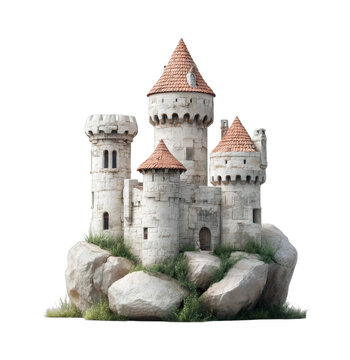 PNG Medieval stone castle with towers and red tiled roofs on rock formation