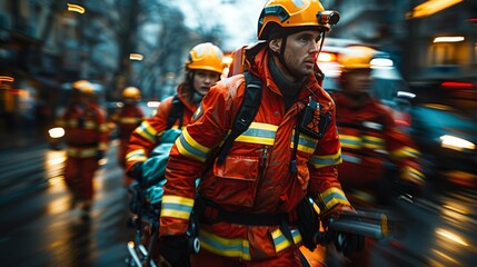 This dynamic image shows emergency responders in bright uniforms rushing through a city street, embodying courage and teamwork in times of crisis and urgency.