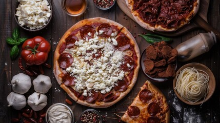 An appetizing display of Italian dishes, including pizza, pasta, and fresh ingredients, celebrating the richness of culinary arts and the enjoyment of communal meals.
