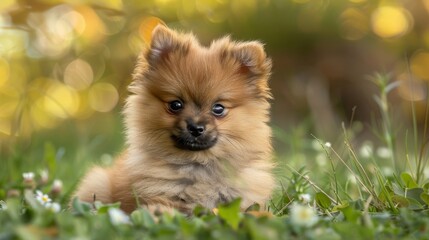 An adorable pomeranian puppy playfully sitting in a sunlit meadow, capturing the innocence and joy of pet companionship in a serene outdoor setting.