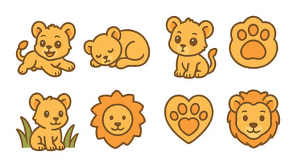 Lion Cub Concept isometric set. Playful cub, sleeping baby lion, curious look, lion paw toy, cub in grass, fluffy mane icon, heart paw print, gentle lion