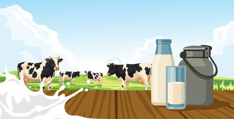 Dairy cows in pasture, with milk bottles and a can on a wooden surface.