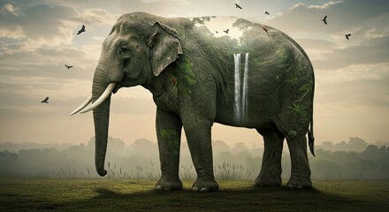 Fototapeta premium Majestic Elephant with Forest and Waterfall Double Exposure, Symbolizing Nature's Power