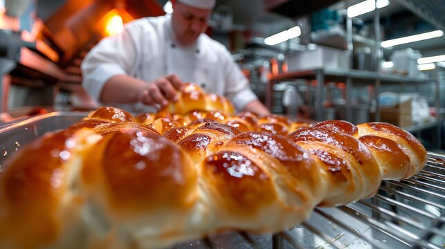 A beautifully baked golden loaf sits on a cooling rack, with a baker in the background, illustrating the warmth and craftsmanship involved in artisanal bread-making.