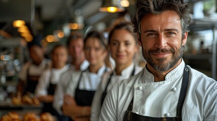 A confident chef stands proudly at the forefront of a bustling kitchen, surrounded by a dedicated team, symbolizing dedication, teamwork, and culinary excellence.