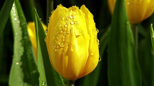 A macro shot of yellow tulips against dewy green grass.