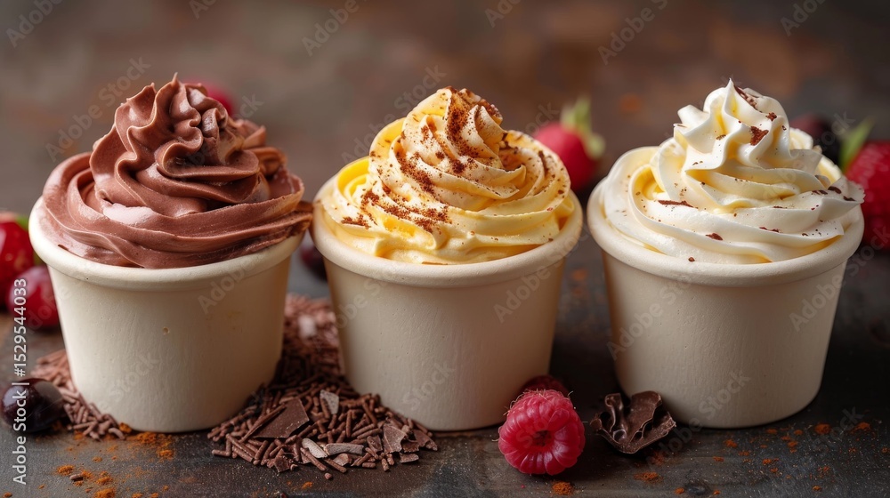 Aufkleber an appetizing display of three cups filled with creamy frozen desserts, showcasing layers of differe
