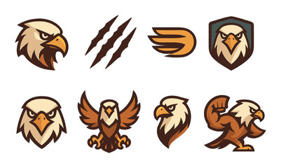 Sports Team Eagle Concept isometric set. Aggressive eagle face, talon slash mark, speed wings, bold sports badge, head-on logo, victory eagle, muscle-wing