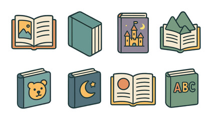Children’s Book Mockups Concept isometric set. Open picture book, colorful hardcover, fairy tale cover, pop-up page, animal storybook, bedtime book.
