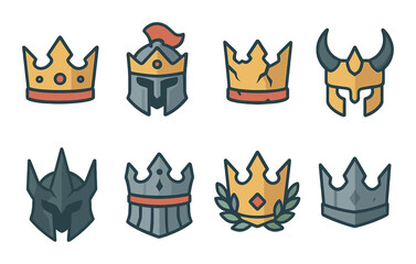 Battle Crowns Concept isometric set. Warrior crown, helmet with crown, battle-damaged crown, horned crown, dark warlord headpiece, armored crown, victory