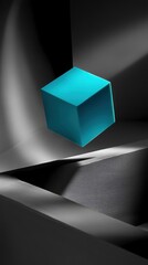Vibrant cyan cube floating above monochrome abstract surface, sharp shadows, futuristic mood