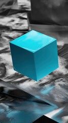 Vibrant cyan cube floating above monochrome abstract surface, sharp shadows, futuristic mood