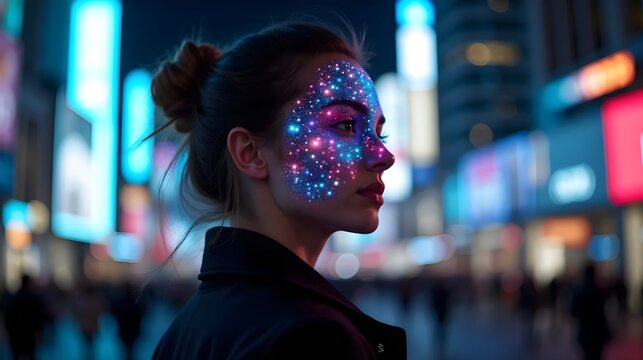 A woman stands in a bustling urban area at night, her face illuminated
